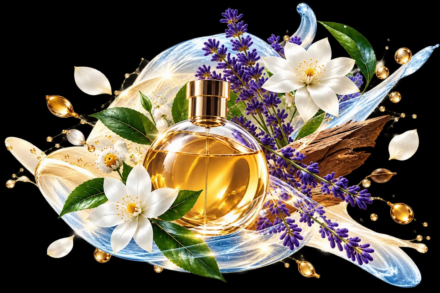 Premium aroma ingredients: lavender, jasmine, eucalyptus, lemon and essential oils in glass jars